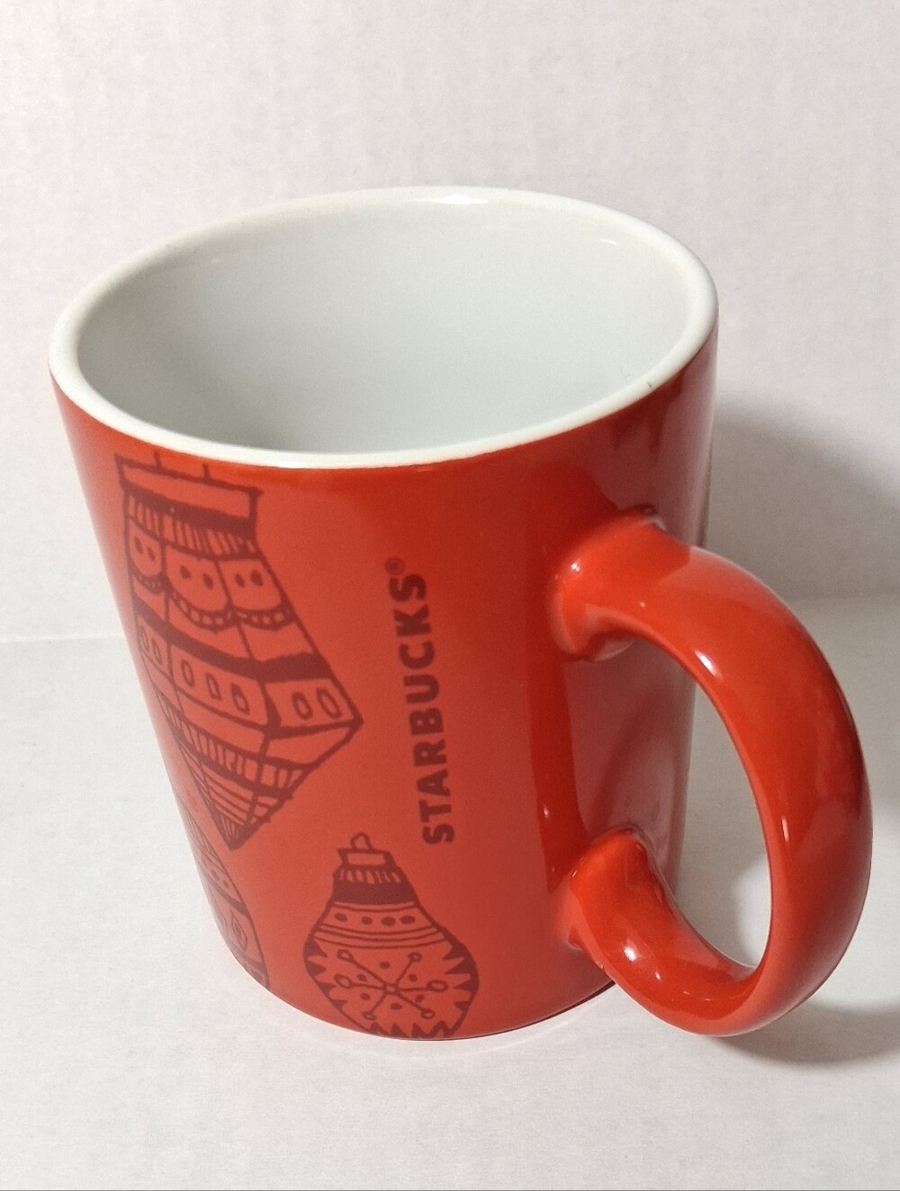 Starbucks Bright Red Ceramic Mug with Holiday Ornament Artwork